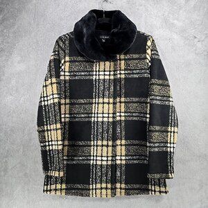 Ellen Reyes Beige Black Plaid Wrap Front Faux Fur Collar Coat Women’s Size Small